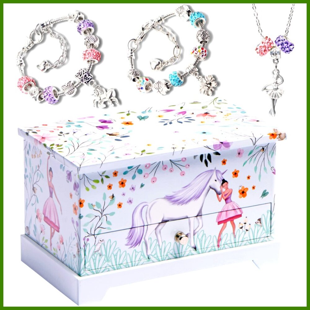 Unicorn Ballerina Musical Jewelry Box with Charm Bracelets and Necklace